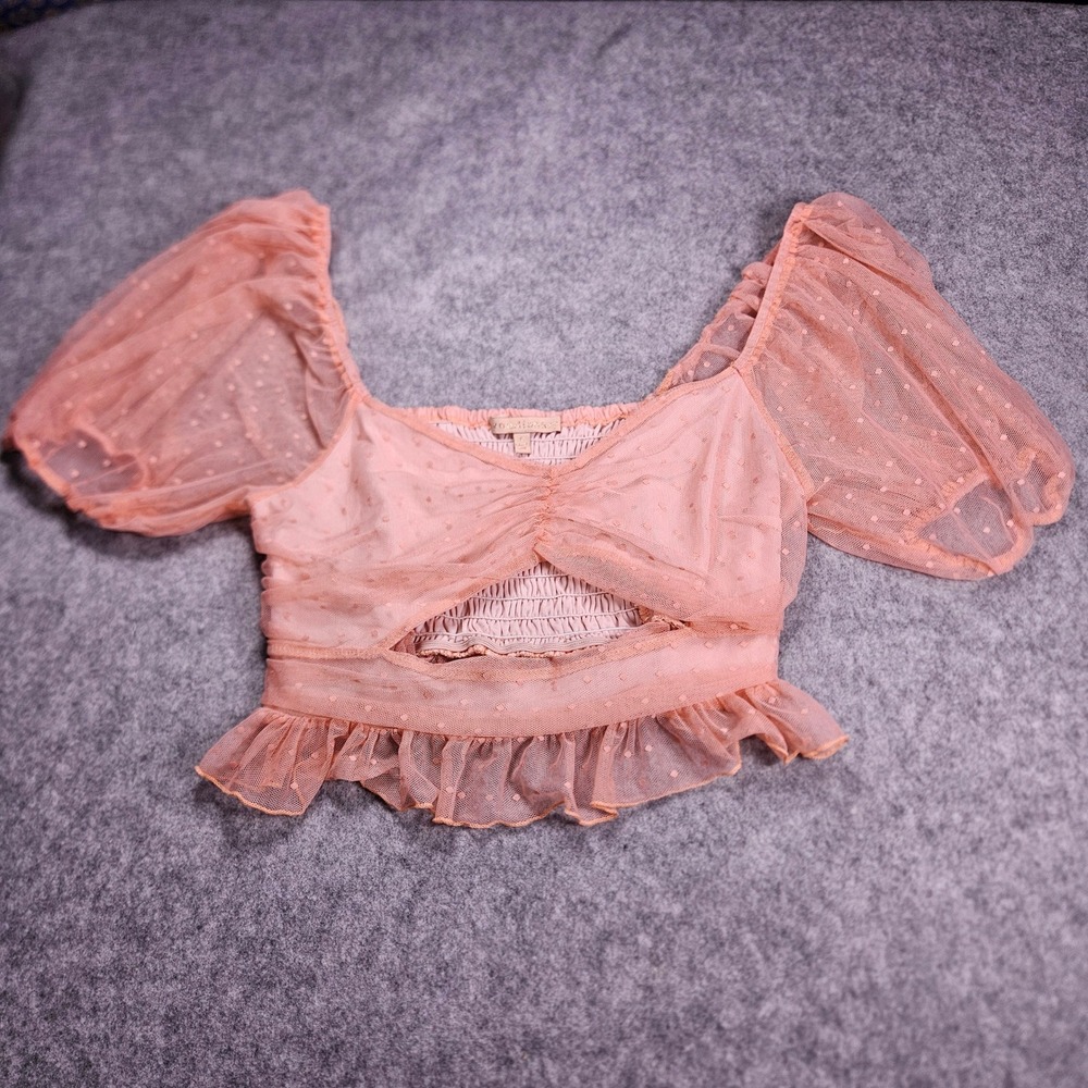 Womens Pink Swiss Dot Puff Sleeve Top Coquette Romantic Party Whimsical Sz L